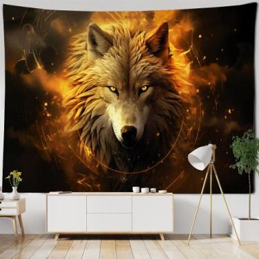 Imagem de Tapeçaria para pendurar na parede Fantasy Wolf Fire Glow 150x130cm - y
