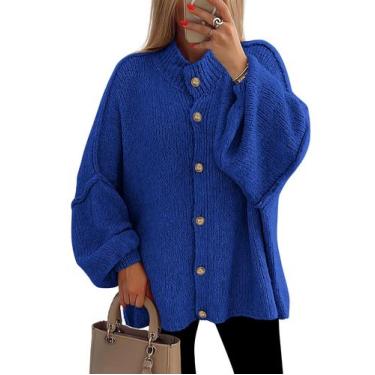 Imagem de Suéter PRETTYGARDEN XL Azul Real de Punto Grueso con Botones