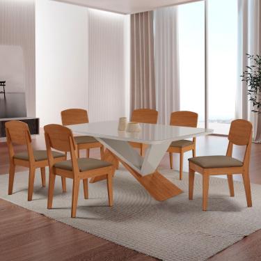 Imagem de Mesa De Jantar Yasmin Tampo Vidro Canto Copo Com 6 Cadeiras Veludo Capuccino/nat/off/se...