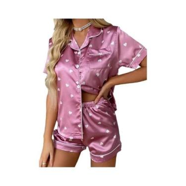 Imagem de Conjunto De Pijama Feminino De Cetim Com Estampa De Corações, Blusa De