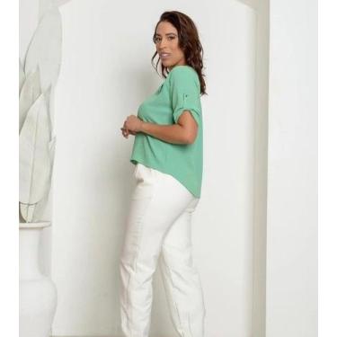 Imagem de Blusa Feminina Manga Curta Social com botoes - Castele Modas, Verde cl
