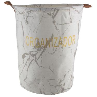 Imagem de Cesto Sustentação Bege Cinza Letra Dourada Alças Couro 40x47