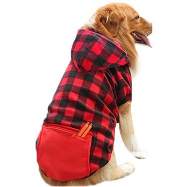 Imagem de Foern Suéter macio para cães, roupas quentes para animais de estimação com bolso casaco de inverno para ambientes internos, moletom com capuz xadrez vermelho para cães pequenos, médios, grandes, vermelho, M: 42 cm/16,5 pol