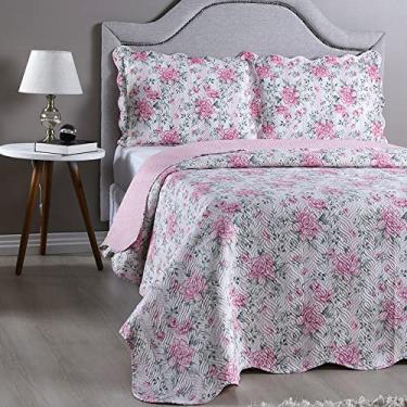 Imagem de Kit Cobre Leito Colcha Casal Padrão 3 Peças Boutis Estampada Dupla Face Porta Travesseiro Aba Americana (Bali Rosa)