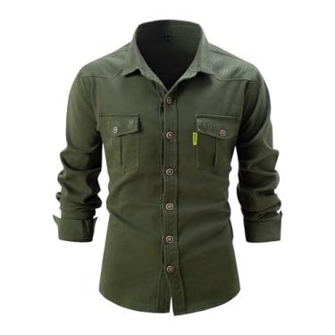 Imagem de Oymyakon Camisa jeans masculina casual slim fit manga longa camisa jeans lapela abotoada camisas jeans com bolsos, Verde militar, GG