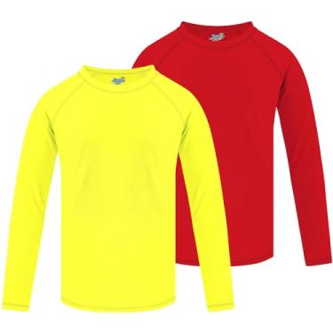 Imagem de Pacote com 2 camisetas de natação Rash Guard de manga comprida FPS + 50 camisetas de sol para crianças pequenas Rashguard, Vermelho e amarelo, 10-12 Years
