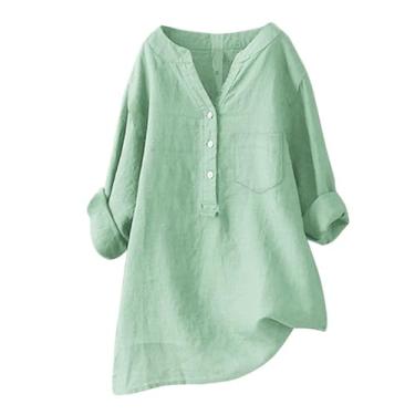 Imagem de Camisa feminina de linho, abotoada, 2024, casual, verão, gola V, manga comprida, cor sólida, túnica, blusa solta para trabalho, Z07-verde menta, G