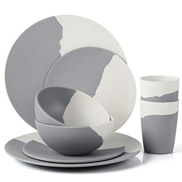 Imagem de Conjunto de 8 peças de louça MORGIANA Reutilizáveis, de bambu, conjunto de pratos e tigelas para piquenique e acampamento, conjunto de utensílios de mesa para 2 (branco e cinza)