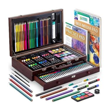 Imagem de Art Supplies, Norberg & Linden XXL144 conjunto de arte em caixa de madeira de luxo com gaveta, inclui giz de cera, pastéis a óleo, tintas aquarela, lápis de cor, apontador e bloco de esboço para adultos e crianças