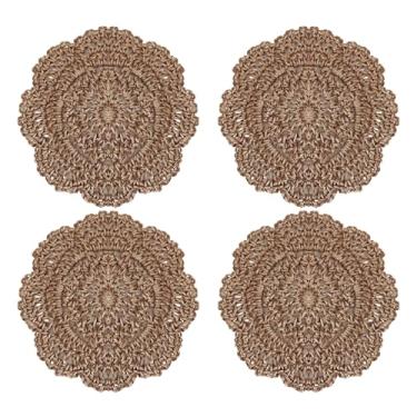 Imagem de pson 4 peças de toalhas redondas de crochê de 10 cm, porta-copos artesanais marrons, jogos americanos de mesa de renda para festas, aniversários, mesas de jantar