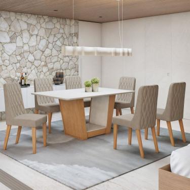 Imagem de Conjunto Apogeu 160cm Tampo MDF com 6 Cadeiras Luar Amêndoa Clean/Off White/Naturale Creme