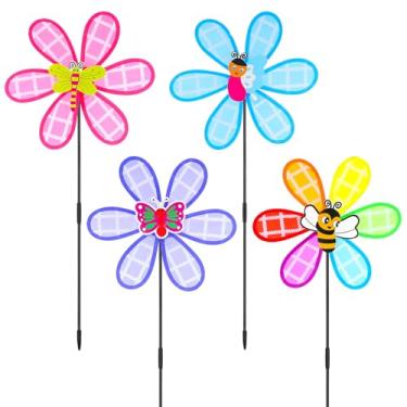 Imagem de yuuzue 4 Peças De Cata-Ventos Flores Coloridos Para Jardim E Quintal, Decorativos 11" Jardim, Brinquedos Moinho Vento Decoração Áreas Externas Crianças, Presentes
