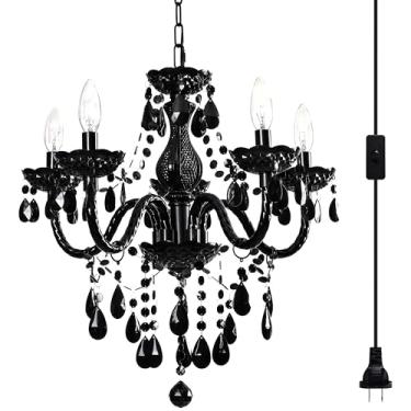 Imagem de PAPAYA Lustre De Cristal Preto Moderno Com 5 Luzes, Pendente Acrílico Fio E Interruptor, 19 X 19,7 Pol. Para Decoração Cozinha, Sala Jantar, Quarto