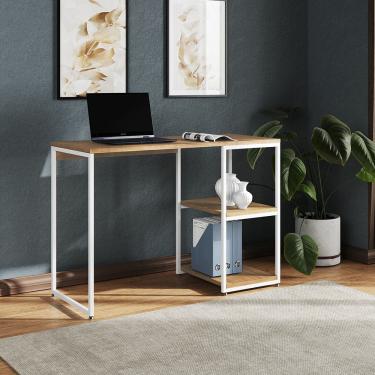 Imagem de Mesa Escritório Berlim Industrial com Prateleira Ferro Branco Tampo 110x46 Freijó