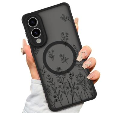 Imagem de AIGOMARA Capa magnética para Samsung Galaxy S25 Edge [compatível com MagSafe] Linda estampa floral de flor preta para mulheres e meninas, amortecedor de TPU macio, parte traseira rígida de