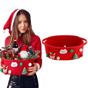 Imagem de Cesta de tecido de Natal para presente de doces, cesta de armazenamento de corda pequena vazia com alças, recipiente decorativo fofo para decoração de festa de férias de inverno (vermelho)