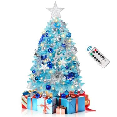 Imagem de Árvore de Natal pequena de 90 cm, árvores de Natal artificiais com 200 ramos realistas e 80 luzes de LED, árvore de Natal de 91 cm com 110 ornamentos, pequena árvore de Natal para decoração interna e