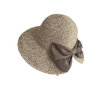 Imagem de Chapéu feminino de verão com aba larga e laço grande chapéu de palha panamá chapéu de palha viseira cáqui 56-58 cm