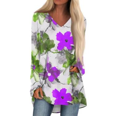 Imagem de Camisetas COTECRAM de manga comprida com decote em V, túnica feminina,