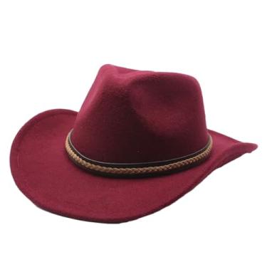 Imagem de Chapéu de cowboy masculino de aba enrolável com chapéu de caubói cavalheiro de couro boné de vaqueira igreja boné sombrero vinho tinto 56-58 cm