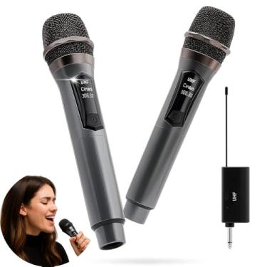 Imagem de Kit 2 Microfones Sem Fio Duplo UHF, Microfone Karaoke, Dinamico, Microfone de Mão Profissional para Festas, Eventos, Aulas, Palestras, Igreja, Desempenho, Entretenimento Familiar - Final de Ano
