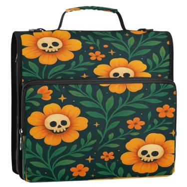 Imagem de Wassud Pasta organizadora expansível com 3 anéis de flores laranjeiras com caveiras com alça de ombro e alça de vários bolsos
