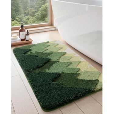 Imagem de DEXI Tapetes de banheiro antiderrapantes, tapete de banho de microfibra lavável 61 x 109 cm, secagem rápida, tapete absorvente ultra macio de árvores florestais para chuveiro, banheira, pia, verde