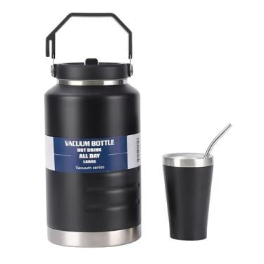 Imagem de Garrafa de água isolada grande de 2000 ml + copo de aço inoxidável, 2000 ml, recipiente isolado, caneca térmica SS 304, à prova de vazamento, quente/frio para esportes viagens, academia