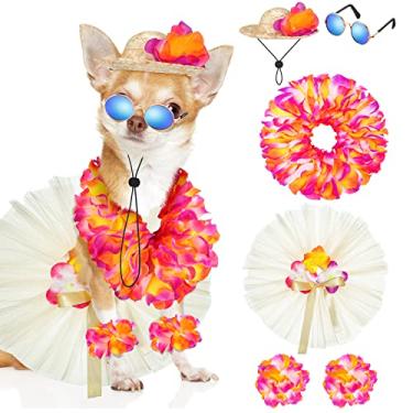 Imagem de 6 peças de fantasia havaiana de cachorro de estimação de Halloween inclui saia tutu para cachorro óculos de sol para cães vestidos de grama de verão com chapéu de palha e guirlanda roupas para cães fantasias para cães filhotes Havaí luau suprimentos de festa