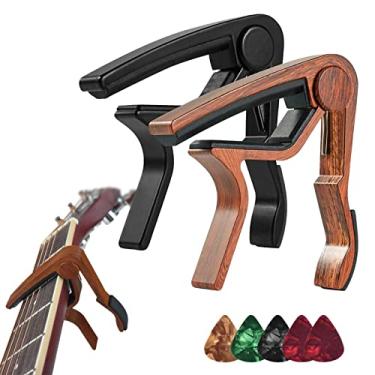 Imagem de Capo Para Guitarra Acústica | 2-Pack Guitar Capo com grão de madeira de liga de alumínio,Capos de instrumentos musicais cor de jacarandá preto Kapo com 5 palhetas Purble