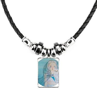Imagem de DIYthinker Colar de coruja azul branca menina estilo chinês aquarela joia Torque pingente de corda de couro