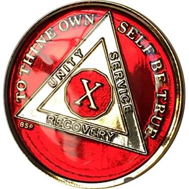 Imagem de 10 anos Mandarim Ouro Vermelho e Níquel Tri-Plate AA Alcoólicos Anônimos Sobriedade Medalhão Chip Serenidade Oração