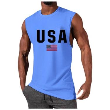 Imagem de Camiseta regata masculina 4th of July Bandeira Americana sem manga Quarta Memorial Dia da Independência Patriótica Roupas, Azul, GG