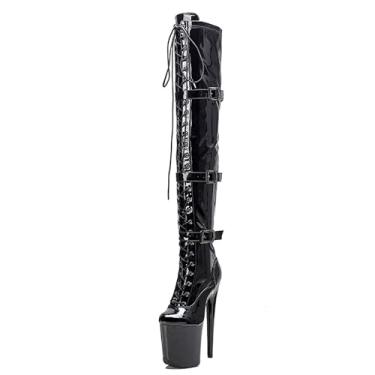 Imagem de WUXIN H&P Botas femininas de salto alto com plataforma de 20,32 cm stiletto, acima do joelho plus size, botas de cano alto exóticas, Preto, 38