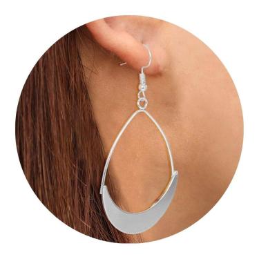 Imagem de Brincos Femininos Longo Oval Prateado Mulheres Moda