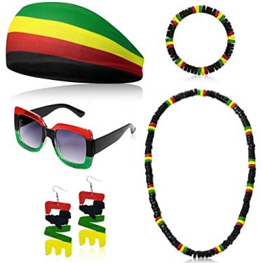 Imagem de Conjunto de joias femininas Rasta com 5 peças de acessórios Rasta para mulheres, inclui faixa de cabeça, óculos de sol, brincos pendentes de madeira, colar Jamaica, pulseira Jamaica, Poliéster