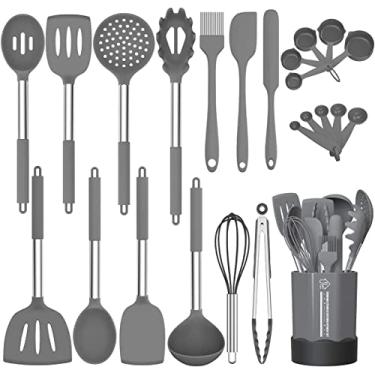 Imagem de Conjunto de utensílios de cozinha de silicone, fungun antiaderente, conjunto de utensílios de cozinha de 24 peças, utensílios de cozinha resistentes ao calor, utensílios de cozinha de silicone presente com cabo de aço inoxidável (cinza-24 peças)