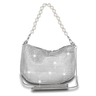 Imagem de Sither Bolsa feminina de strass para noite bolsa clutch brilhante com corrente de pérolas para festa, Prata, Medium
