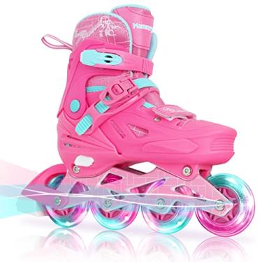 Imagem de Patins em linha para meninas e meninos, lâminas ajustáveis de patins de velocidade com rodas de iluminação total para crianças, jovens, rosa vermelha, idade 10-12, tamanho 5, 6, 7, 8