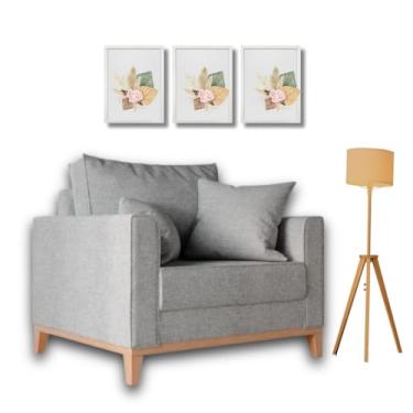 Imagem de Poltrona Beny Individual em Linho, Base em Madeira, Com 2 Almofadas (Cinza)