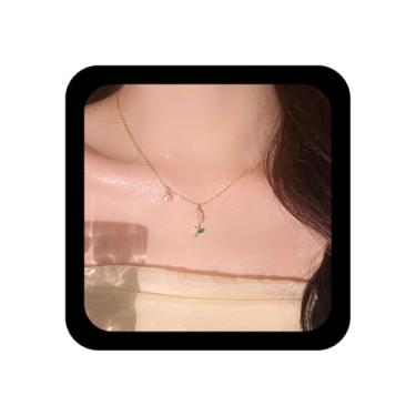 Imagem de Xduargs Gargantilha Boho Tulipa Flor Vintage Colar Pingente Flor Rosa Colar Pérola Floral Colar Corrente Joias para Mulheres, Zinco, Sem Pedra Preciosa