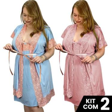 Imagem de Kit 2 Robes e 2 Camisolas Sexy Plus Sedutora Tamanho Grande Confortáve