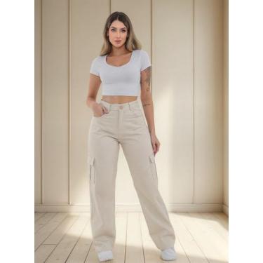 Imagem de Ujeans Calça Pantalona Wide Leg Cargo Preta, Creme, 36