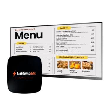 Imagem de LIGHTNING ADS Leitor de sinalização digital para restaurantes, configuração fácil, plano gratuito incluído, agendador de menu, designer de tela, PowerPoint e aprimorador de IA