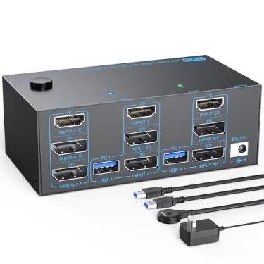 Imagem de Interruptor KVM 8K 3 monitores 2 computadores monitor triplo 2 DisplayPort 1.4 e HDMI 2.1 USB 3.0 KVM Switches, DP 1.4 suporta 8K @30Hz/4K@144Hz, HDMI suporta máximo 8K @60Hz /4K@120Hz com controle