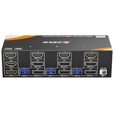 Imagem de KCEVE Interruptor USB 3.0 KVM 3 monitores 3 computadores Displayport HDMI, monitor triplo KVM Switch 8K @60Hz 4K @144Hz para 3 computadores compartilham mouse teclado, controle remoto com fio e