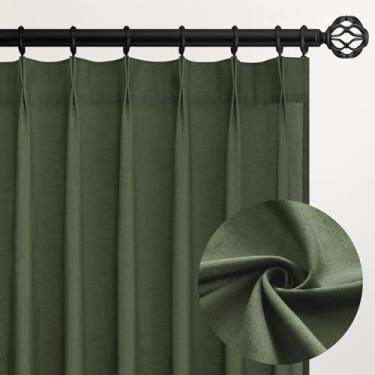 Imagem de Cortinas de linho verde-oliva 213 cm de comprimento para sala de estar, drapeado plissado com ganchos nas costas, filtro de luz boho, primavera, decoração de casa, floresta/verde caçador, cortinas