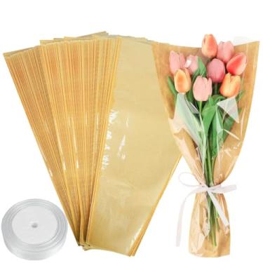 Imagem de NEUROVYRAL 50 peças de papel de embrulho de buquê de flores com 1 fita para florista, materiais de embrulho de papel kraft, sacos de flores para casamento, dia das mães, presente de formatura