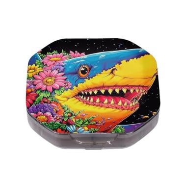 Imagem de Caixa de comprimidos pequena com 4 compartimentos, desenho animado de flores de tubarão, impermeável, durável, organizador de comprimidos de viagem, diário, portátil, suplementos de óleo de peixe e