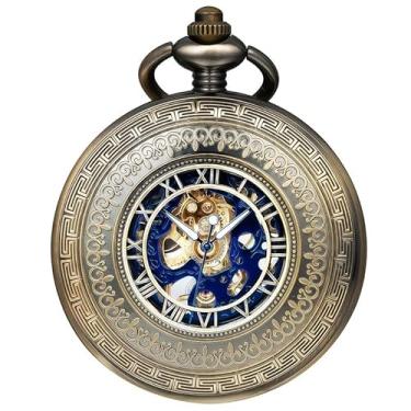 Imagem de DerMacht Relógio de bolso mecânico presente para homens, relógio de bolso esqueleto masculino mostrador romano com corrente, Eb. Números romanos, azul bronze